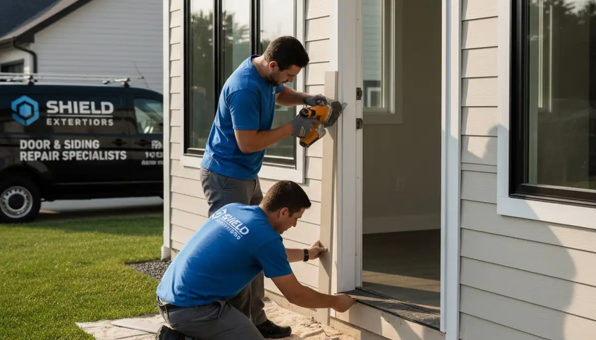 Technician repairing front door with new vinyl siding in Greensboro, NC home exterior