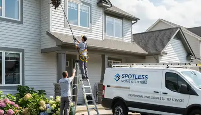 Technician cleaning home gutters in Greensboro NC for vinyl siding protection by Next Level Exteriors