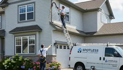 Technician performing gutter cleaning on vinyl siding home in Greensboro, NC