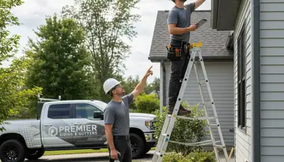 Technician performing gutter inspection on vinyl siding home in Greensboro, NC