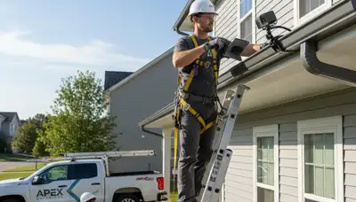 Technician performing gutter inspection on vinyl siding home in Greensboro, NC