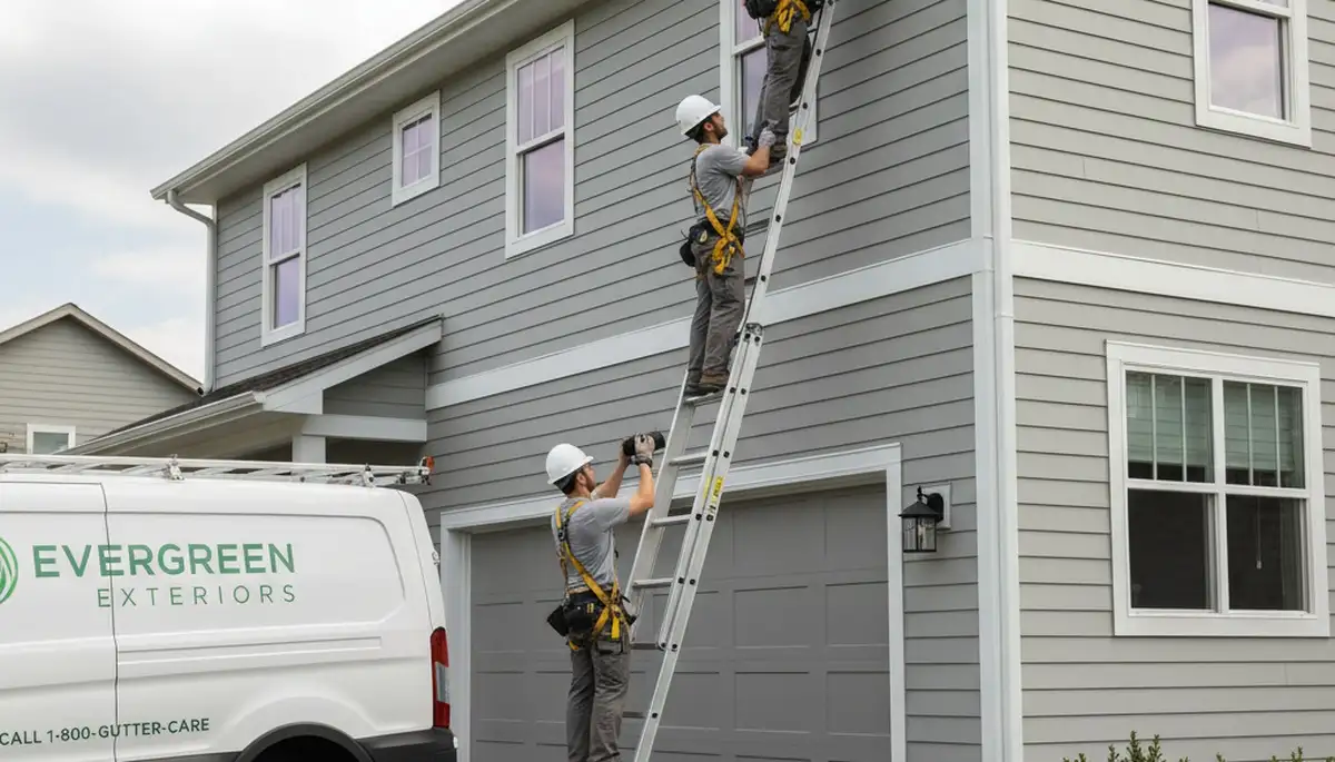 Technician performing gutter inspection on vinyl siding home in Greensboro, NC