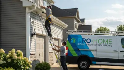Technician repairing residential gutters in Greensboro NC for vinyl siding protection