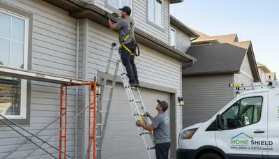 Technician repairing home gutters and vinyl siding in Greensboro, NC