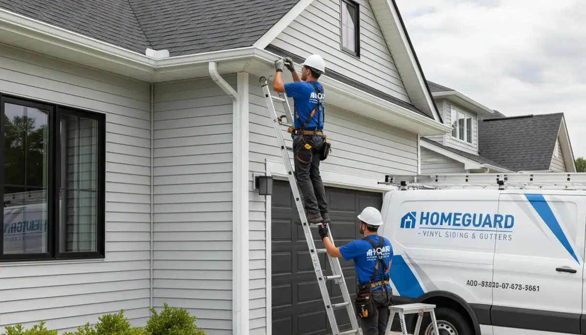 Technician repairing residential gutters and vinyl siding in Greensboro, NC