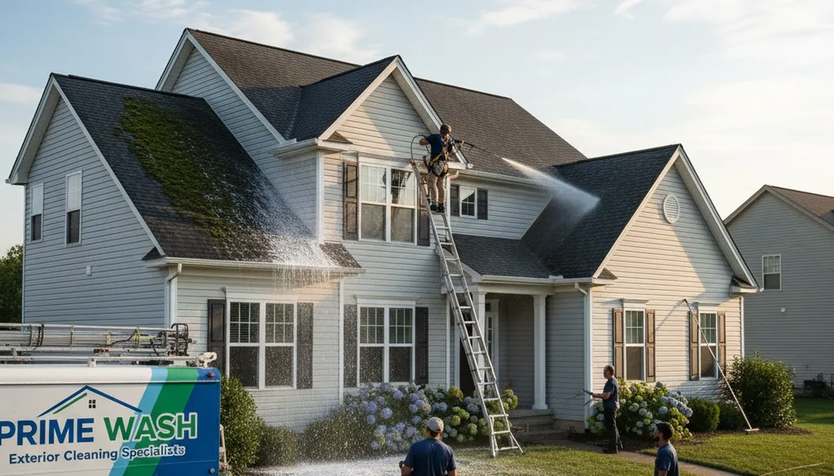 Roof cleaning professionals washing vinyl siding and shingles in Greensboro, NC homes