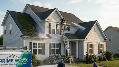 Roof cleaning professionals washing vinyl siding and shingles in Greensboro, NC homes