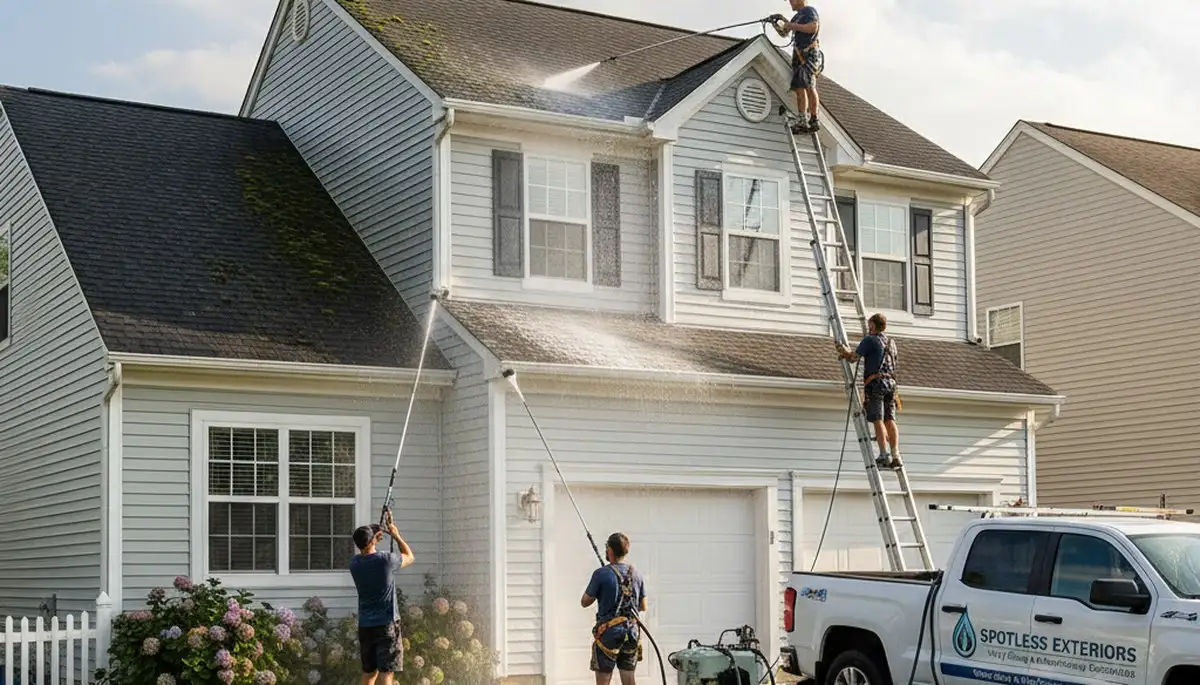 Professional roof cleaning service in Greensboro NC removing algae and debris from residential shingles