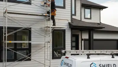 Technicians repairing damaged vinyl siding on a Greensboro NC home exterior
