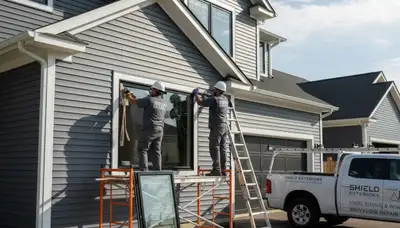 Technician repairing home window next to vinyl siding in Greensboro, NC