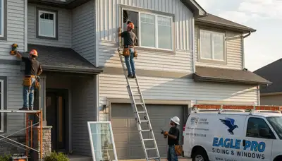 Technician performing window repair on vinyl siding home in Greensboro, NC